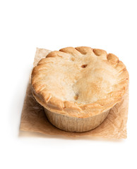 Homemade flaky pasty with chicken and mushroom filling isolated on white
