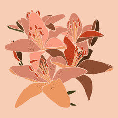 Art collage lily flower in a minimal trendy style. Silhouette of lily plants on a pink background. Vector illustration