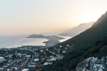 Aerial view of popular resort city Kas in Turkey, Turkish Riviera also known as Turquoise Coast, clear warm sea, sunny weather