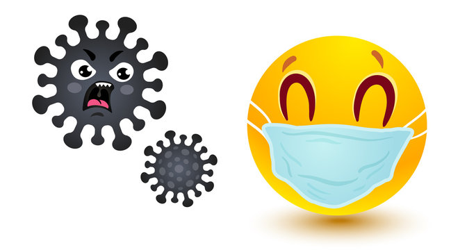 Smile in medical mask and angry coronavirus