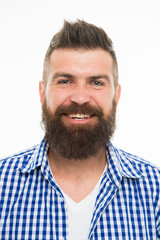 Obraz premium Emotional intellect. Happy man on white background. Bearded man smiling. Hipster with mustache and beard happy face expression. Happiness concept. Psychological health. Happy emotional guy