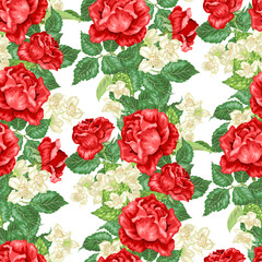 Seamless vector pattern with jasmine and rose flowers