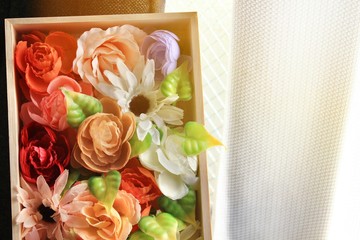 Flowers in wood box with copy space,for wallpaper and background,Happy mother's day or special day