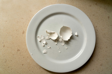 Broken chicken egg shell on a plate