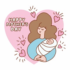 Happy mother`s day card with cute mom holding baby in arms.