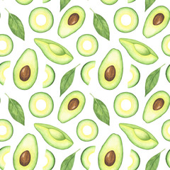 Watercolor Avocado and Leaves Pattern