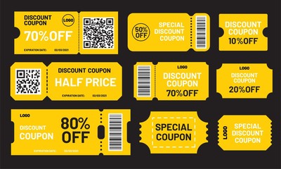 Yellow discount coupon set. Half price, 10, 20, 50, 70, 80% off offers template. Premium special price coupons and best promo retail pricing vouchers.  - obrazy, fototapety, plakaty