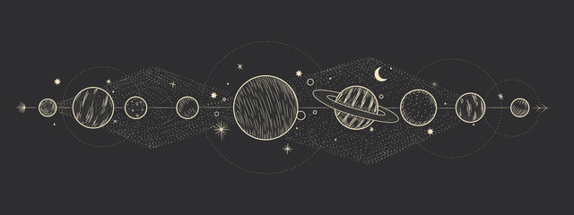 the sun and moon, the beauty of the eastern night. traditional folk spiritual elements. space objects. Vector graphics