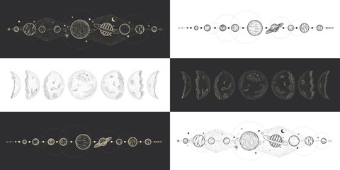 the sun and moon, the beauty of the eastern night. traditional folk spiritual elements. space objects. Vector graphics