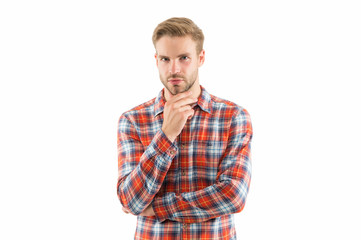 Checkered shirt always in trend. Handsome man with bristle on white background. Portrait attractive...