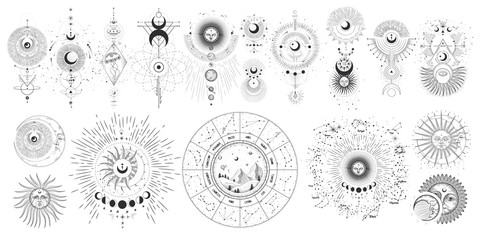the sun and moon, the beauty of the eastern night. traditional folk spiritual elements. space objects. Vector graphics