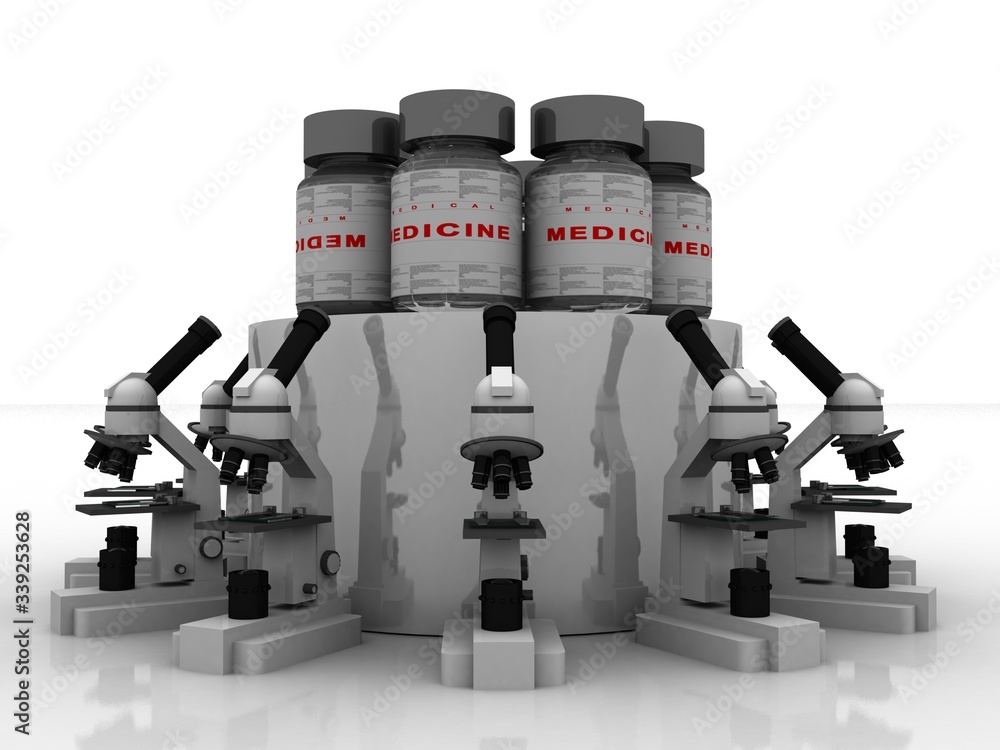 Poster 3d rendering virus testing microscope with medicine bottle