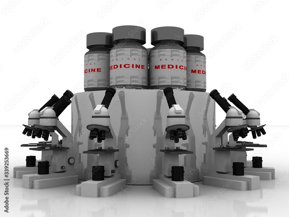 Poster 3d rendering virus testing microscope with medicine bottle