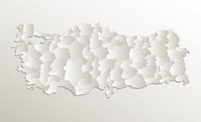 Turkey map, administrative division, separates regions, card paper 3D natural blank