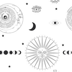 the sun and moon, the beauty of the eastern night. traditional folk spiritual elements. space objects. Vector graphics