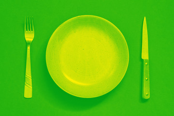 Plate, fork and knife top view - Green - Pop and bright colors