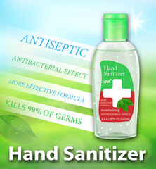 Hand Sanitizer gel ads. Antibacterial effect, antiseptic hand gel in bottles with leaves elements. Best protection. Vector