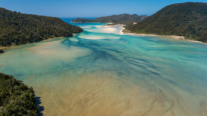 Awaroa bai, drone aerial shot, Low Tide, New Zealand