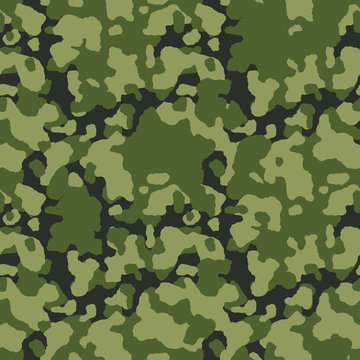Camouflage pattern background. Army clothing style. Forest masking camo. Green black olive colors, military seamless   texture. Vector. 