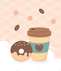coffee time, disposable takeaway cup and donut fresh beverage