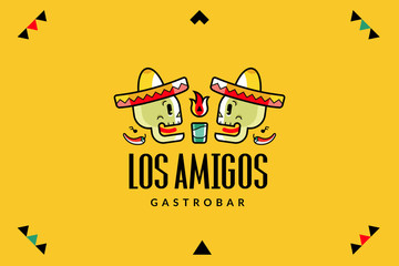 Mexican cafe logotype, brand restaurant icon, skull characters in sombrero hats, agave cactus tequila alcohol, traditional Mexico drink bar. Vector isolated logo design, linear illustration