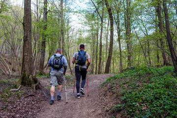 Fototapeta premium Two men with backpack hiking and enjoying the day in mountains