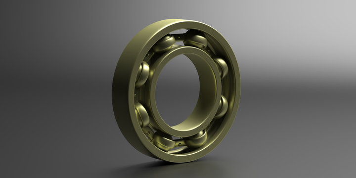 Ball bearing, golden color metal spare part on black. 3d illustration