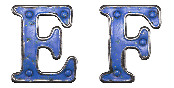 Set of uppercase letters E, F made of painted metal with blue rivets on white background. 3d