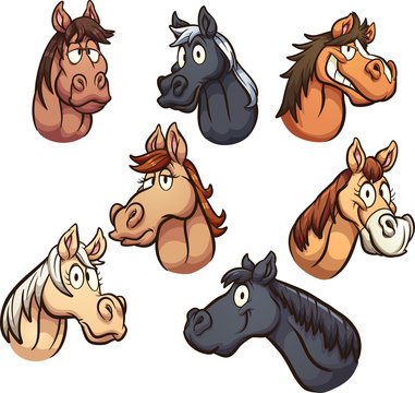 Cartoon male and female horse heads with different expressions. Vector clip art illustration with simple gradients. Each on a separate layer.