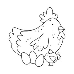 hen chicken and eggs farm animal isolated icon on white background line style