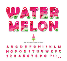 Watermelon summer bright font. Cartoon decorative alphabet. Glossy letters and numbers isolated on white. For package, poster, banner, T-shirt, brochure design. Vector