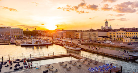 Allas Sea sauna, Market Square and Helsinki Cathedral at sunset.