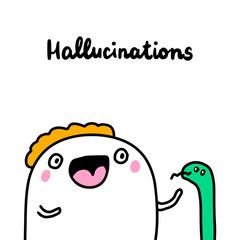 Hallucinations symptom of schizophrenia man expressive in cartoon comic style hand drawn