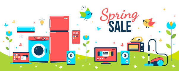 Vector set of household appliances with washing machine, fridge, vacuum cleaner on green grass background with flower. Spring seasonal sale of home domestic electronic appliances.