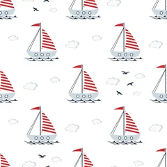 Washable wall murals Sea waves boat cute seamless pattern on white background