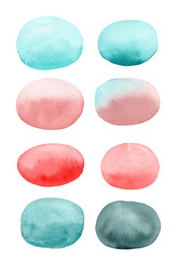  Set of blue, turquoise, red Round watercolor spots isolated on white