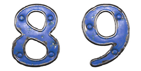 Set of numbers 8, 9 made of painted metal with blue rivets on white background. 3d