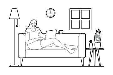 Young woman working at home on some project, She is sitting on the sofa at home in living room and using computer notebook for remote working.