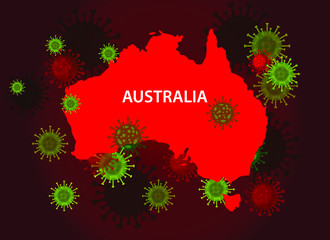 Australia map with covid-19 virus concept. Coronavirus is spread to all over the world and infected to countries. Vector illustration of red map design with influenza virus. Covid 19 Australia map.