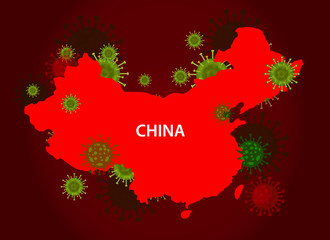China map with covid-19 virus concept. Coronavirus is spread to all over the world and infected to all countries. Vector illustration of red map design with Influenza virus. Covid 19 china map.
