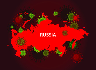 Russia map with covid-19 virus concept. Coronavirus is spread to all over the world and infected to all countries. Vector illustration of red map design with influenza virus. Covid 19 russia map.