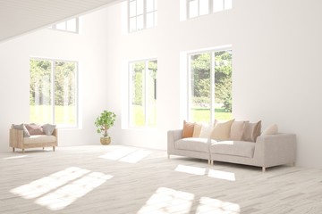 White living room with sofa and summer landscape in window. Scandinavian interior design. 3D illustration