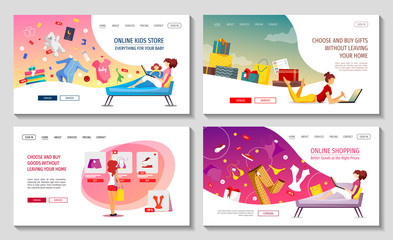 Obraz na płótnie Canvas Website design template for Clothing store, Online Shopping, Home delivery. Young woman choosing products in an online store. Vector illustration for poster, banner, website, commercial.