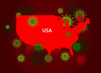 USA map with covid-19 virus concept. Coronavirus is spread to all over the USA and infected to all countries. Vector illustration of red map design with influenza virus. Covid 19 map.