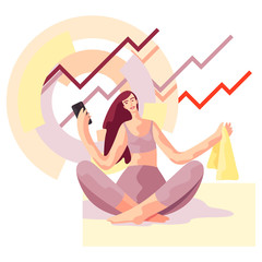 Young woman relaxing after workout, checking training results on mobile phone