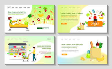 Obraz na płótnie Canvas Set of web pages for Grocery Market, Online Store, Shopping, Home Delivery. Man with trolley, grocery bag and people ordering food. Vector illustration for poster, banner, flyer, commercial, offer.