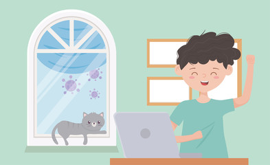 stay at home quarantine, boy with laptop and cat in room window