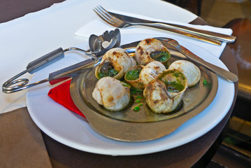 Gourmet snails with green sauce.