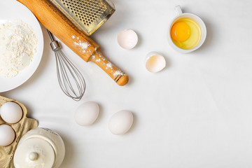 cooking pancake on white background top view ingredients for making