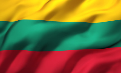 Obraz premium Flag of Lithuania blowing in the wind. Full page Lithuanian flying flag. 3D illustration.